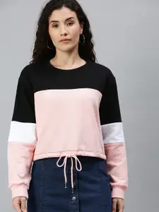 Campus Sutra Women Black & Pink Colourblocked Hem Tie-Up Detail Pullover Sweatshirt