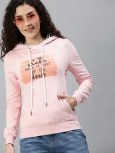 Campus Sutra Women Pink Printed Hooded Pullover Sweatshirt