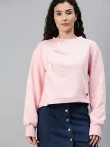 Campus Sutra Women Pink Solid Front-Open Sweatshirt
