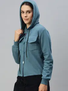 Campus Sutra Women Blue Hooded Front-Open Sweatshirt With Hem Tie-Up Detail