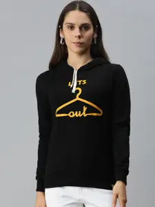 Campus Sutra Women Black Printed Hooded Sweatshirt