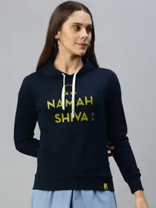 Campus Sutra Women Navy Blue & Yellow Printed Hooded Sweatshirt