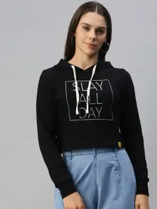 Campus Sutra Women Black Printed Hooded Cropped Sweatshirt