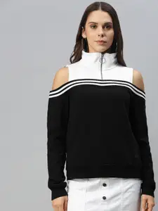 Campus Sutra Women Black Colourblocked Cold Shoulder Sweatshirt