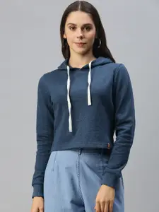 Campus Sutra Women Blue Solid Hooded Cropped Sweatshirt