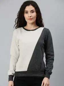 Campus Sutra Women White & Charcoal Grey Colourblocked Pullover Sweatshirt