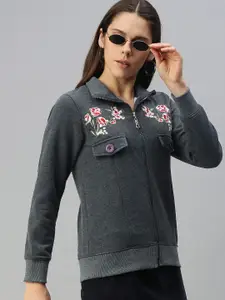 Campus Sutra Women Charcoal Grey Embroidered Sweatshirt