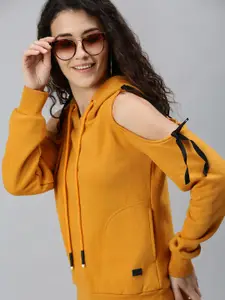 Campus Sutra Women Mustard Yellow Cold Shoulder Hooded Sweatshirt