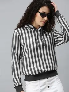 Campus Sutra Women White & Black Striped Hooded Sweatshirt