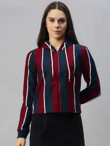 Campus Sutra Women Maroon & Navy Blue Striped Hooded Sweatshirt