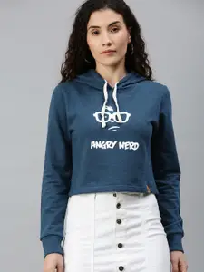 Campus Sutra Women Navy Blue Printed Hooded Pullover Crop Sweatshirt