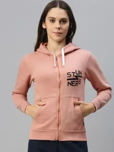 Campus Sutra Women Pink Placement Printed Hooded Sweatshirt