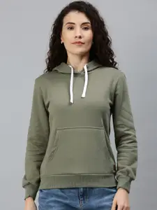 Campus Sutra Women Olive Green Hooded Sweatshirt