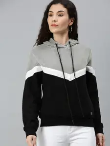 Campus Sutra Women Black and Grey Colourblocked Hooded Pure Cotton Sweatshirt