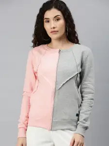 Campus Sutra Women Pink & Grey Colourblocked Sweatshirt