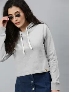 Campus Sutra Women Grey Hooded Cropped Sweatshirt