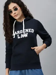 Campus Sutra Women Navy Blue Printed Hooded Sweatshirt