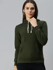 Campus Sutra Women Olive Green Solid Hooded Sweatshirt