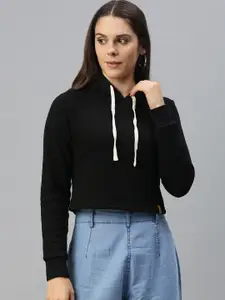 Campus Sutra Women Black Solid Hooded Cropped Sweatshirt