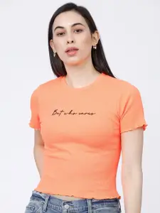 Tokyo Talkies Women Orange Typography Regular Crop Top
