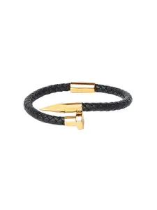 Bodha Men Black & Gold-Toned Leather Wraparound Bracelet