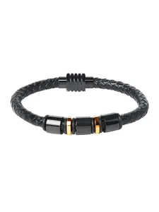 Bodha Men Black & Silver-Toned Leather Wraparound Bracelet