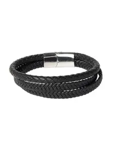 Bodha Men Black & Silver-Toned Leather Multistrand Bracelet
