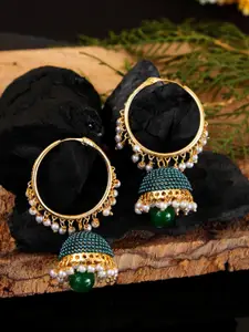 Crunchy Fashion Gold Plated & Green Contemporary Hoop Earrings