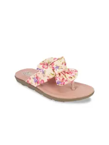 The Desi Dulhan Women Pink & Cream-Coloured Floral Printed Open Toe Flats With Bow Detail