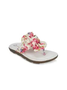 The Desi Dulhan Women White & Pink Floral Printed Open Toe Flats With Bow Detail