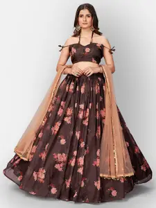SHOPGARB Brown & Red Printed Semi-Stitched Lehenga & Unstitched Blouse With Dupatta