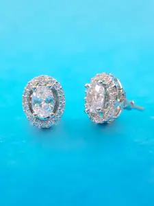 OOMPH Silver-Toned Oval Cubic Zirconia Delicate Ear Stud Earrings