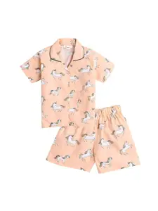 The Magic Wand Girls Peach-Coloured & White Printed Night Suit