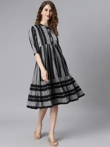 Janasya Black & Grey Striped Applique Fit & Flare Dress