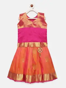 Kanakadara Girls Pink & Orange Self Design Pure Silk Pattu Pavadai with Embellishment