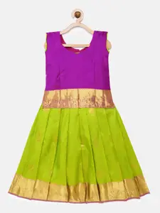 Kanakadara Girls Violet & Green Self Design Pure Silk Pattu Pavadai