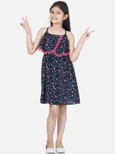StyleStone Girls Navy Blue and Pink Conversational Printed Fit and Flare Dress
