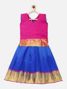 Kanakadara Girls Pink & Blue Ready to Wear Pavadai Set