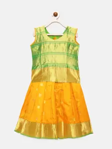 Kanakadara Girls Green & Yellow Ready to Wear Pavadai Set