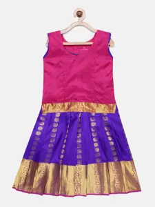Kanakadara Girls Pink  & Blue Ready to Wear Pavadai Set