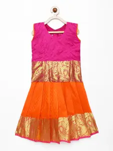 Kanakadara Girls Pink & Orange Ready to Wear Pavadai Set