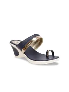 Denill Women Blue & Gold-Toned Colourblocked Wedge Sandals
