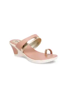 Denill Women Peach & Gold-Toned Colourblocked Wedge Sandals