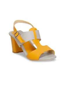 Denill Women Yellow and Grey Colourblocked Block Heels with Buckles