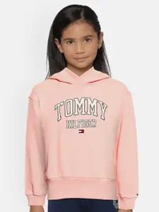 Tommy Hilfiger Girls Pink Typography Printed Organic Cotton Hooded Sweatshirt