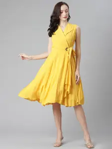 Purple State Yellow Solid Wrap Asymmetric Dress