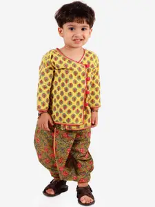 KID1 Boys Yellow Ethnic Print Pure Cotton Kurta with Dhoti Pants