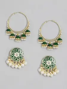 LAIDA Set Of 2 Green & White Gold-Plated Handcrafted Embellished Enamel Earrings