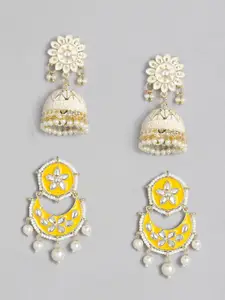 LAIDA Set Of 2 Yellow & White Gold-Plated Handcrafted Embellished Enamel Earrings