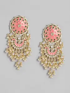 LAIDA Pink Gold-Plated Kundan Studded Handcrafted Enamelled Drop Earrings